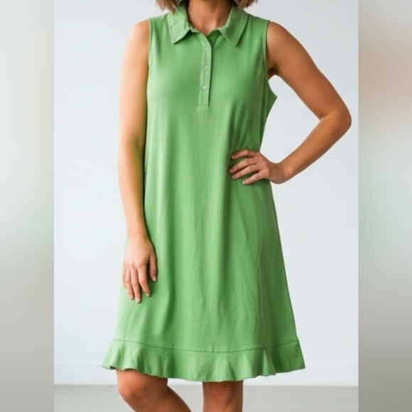 Isaac Mizrahi Dresses & Skirts - Isaac Mizrahi Live Green Sleeveless Polo Dress w Buttons, Collar, Ruffle Hem, L